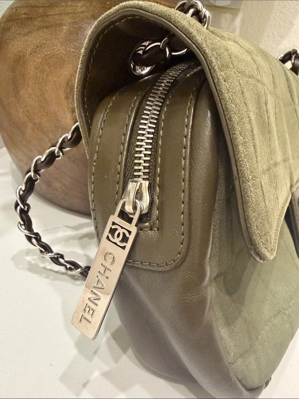 CHANEL Quilted Suede Shoulder Bag in Olive Green with Silver Hardware